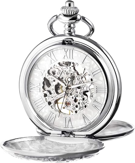 Mechanical Skeleton Pocket Watch Unisex Double Case with Roman Numerals and Chain Strap