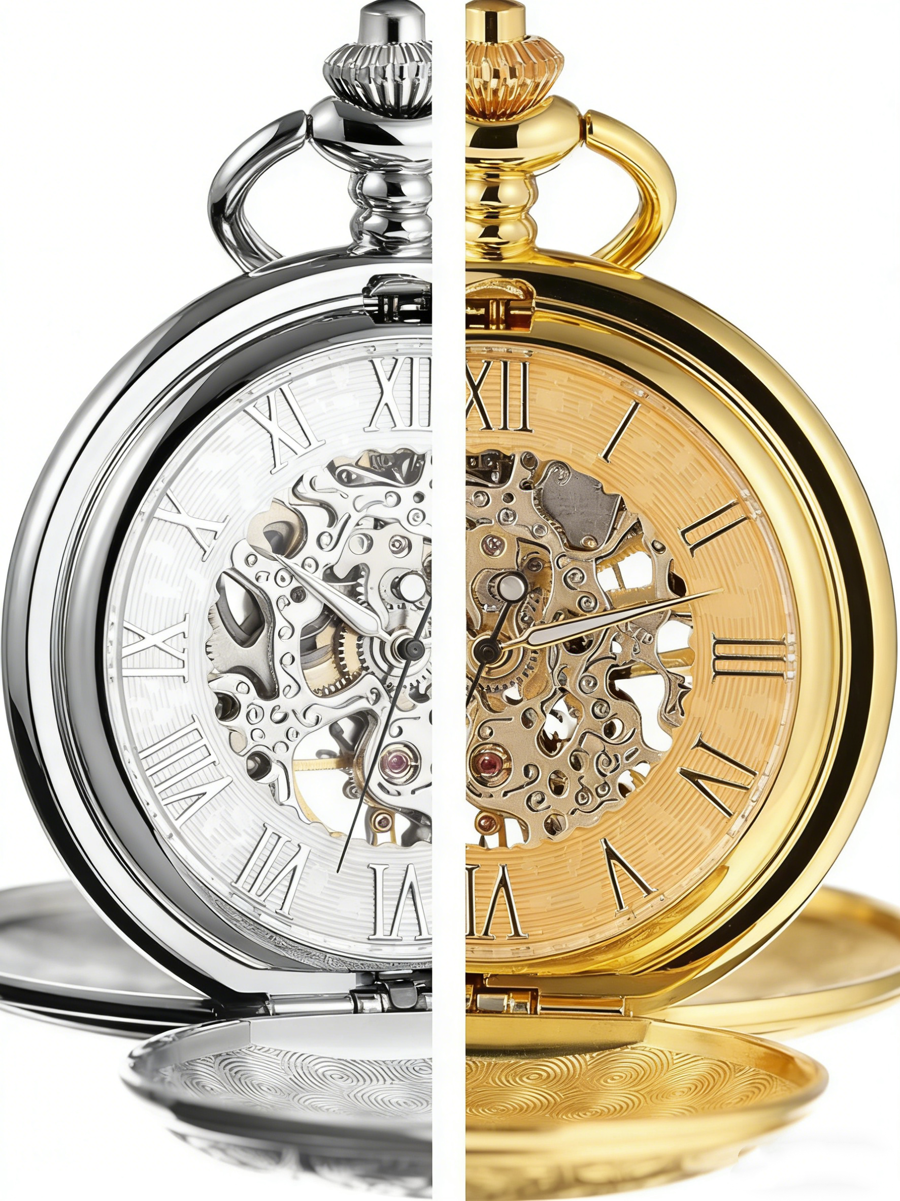 Mechanical Skeleton Pocket Watch Unisex Double Case with Roman Numerals and Chain Strap