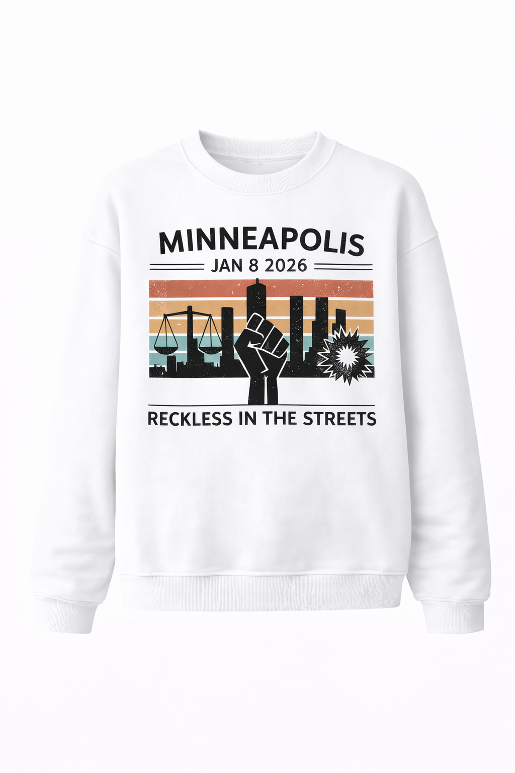 Minneapolis Jan 8 2026 Justice Protest Graphic Sweatshirt, Fist & City Sketch Style 100% Cotton Casual Round Neck Regular Fit Pullover